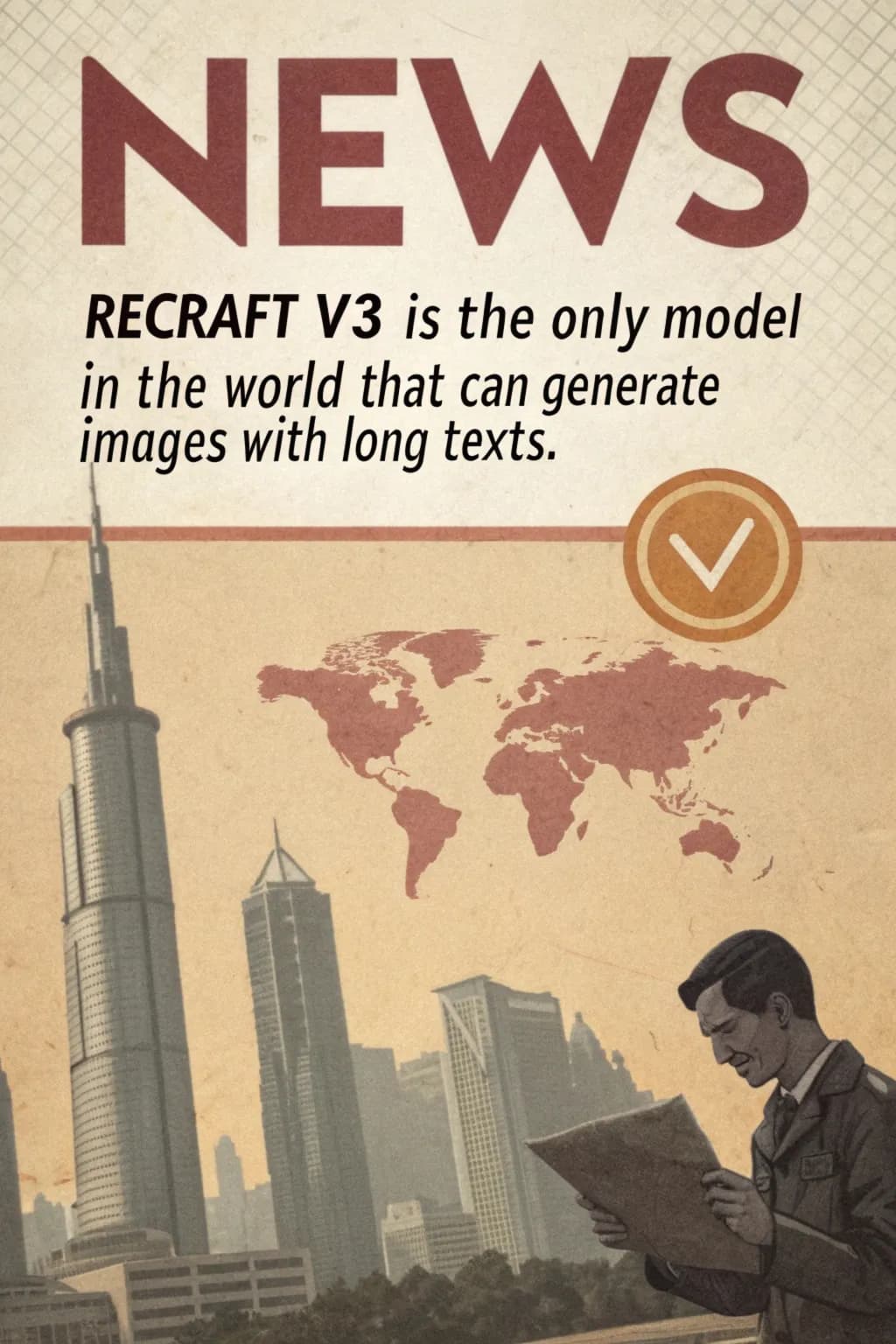 Poster with large 'News' text at the top, below it writes 'Recraft V3 is the only model in the world that can generate images with long texts.'