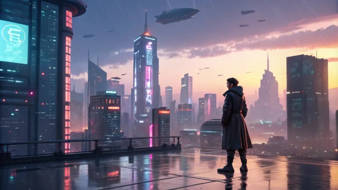 Cyberpunk cityscape at dawn, protagonist standing on a skyscraper rooftop, neon lights fading, futuristic skyscrapers with giant holograms, airships in the distance — cinematic anime style, rain reflections, vibrant colors.