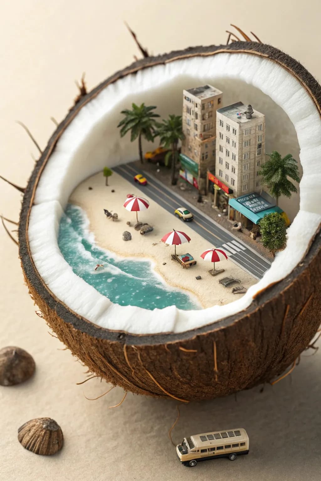 Miniature landscape, a city hidden inside half a coconut, with ocean, beach, and sun umbrellas.