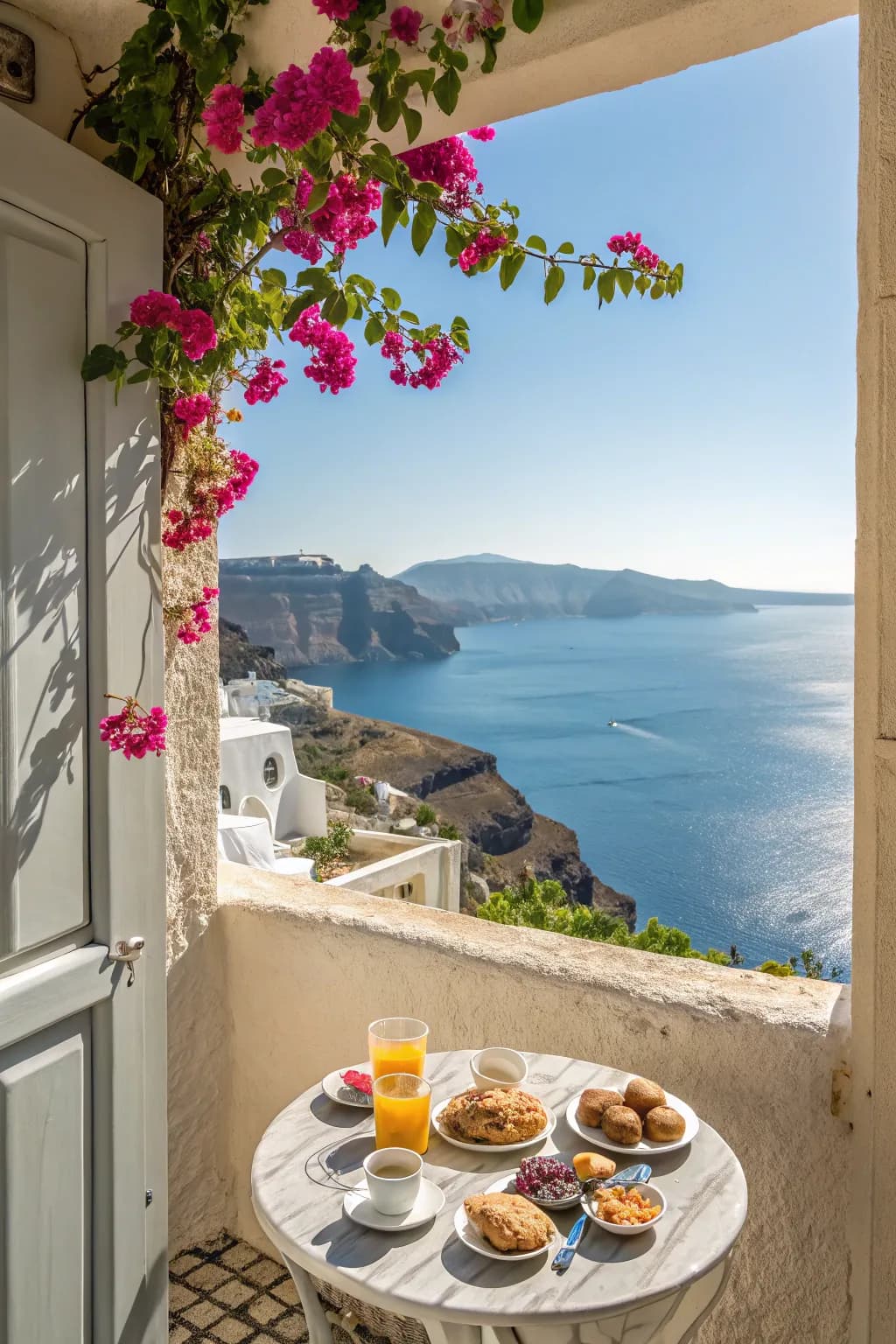 A beautiful view of the sea from an open balcony in Koz neutral colors, with pink flowers and green leaves climbing on walls.