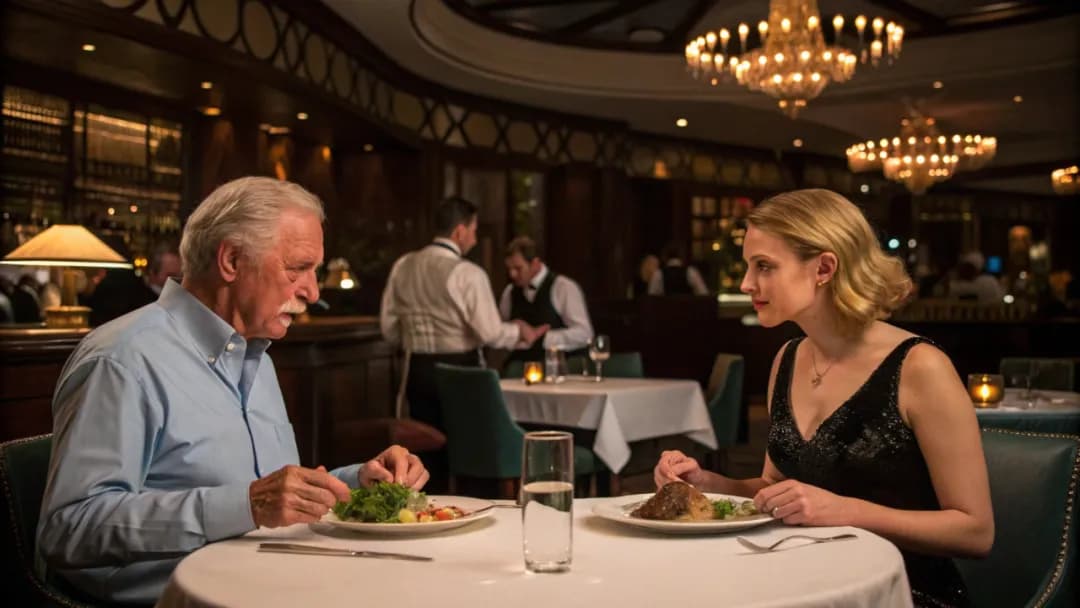 a man and a woman sitting side-by-side at a circular dinner table. On the left isan older white man with a gray mustache wearing a light blue button-downshirt. On the right is a younger white woman in a black sequence cocktaildress. They are in a dimly lit fine-dining restaurant with crystal chandeliers andwaiters wearing tuxedos. The older man is eating a green salad and theyounger woman is eating a large steak.