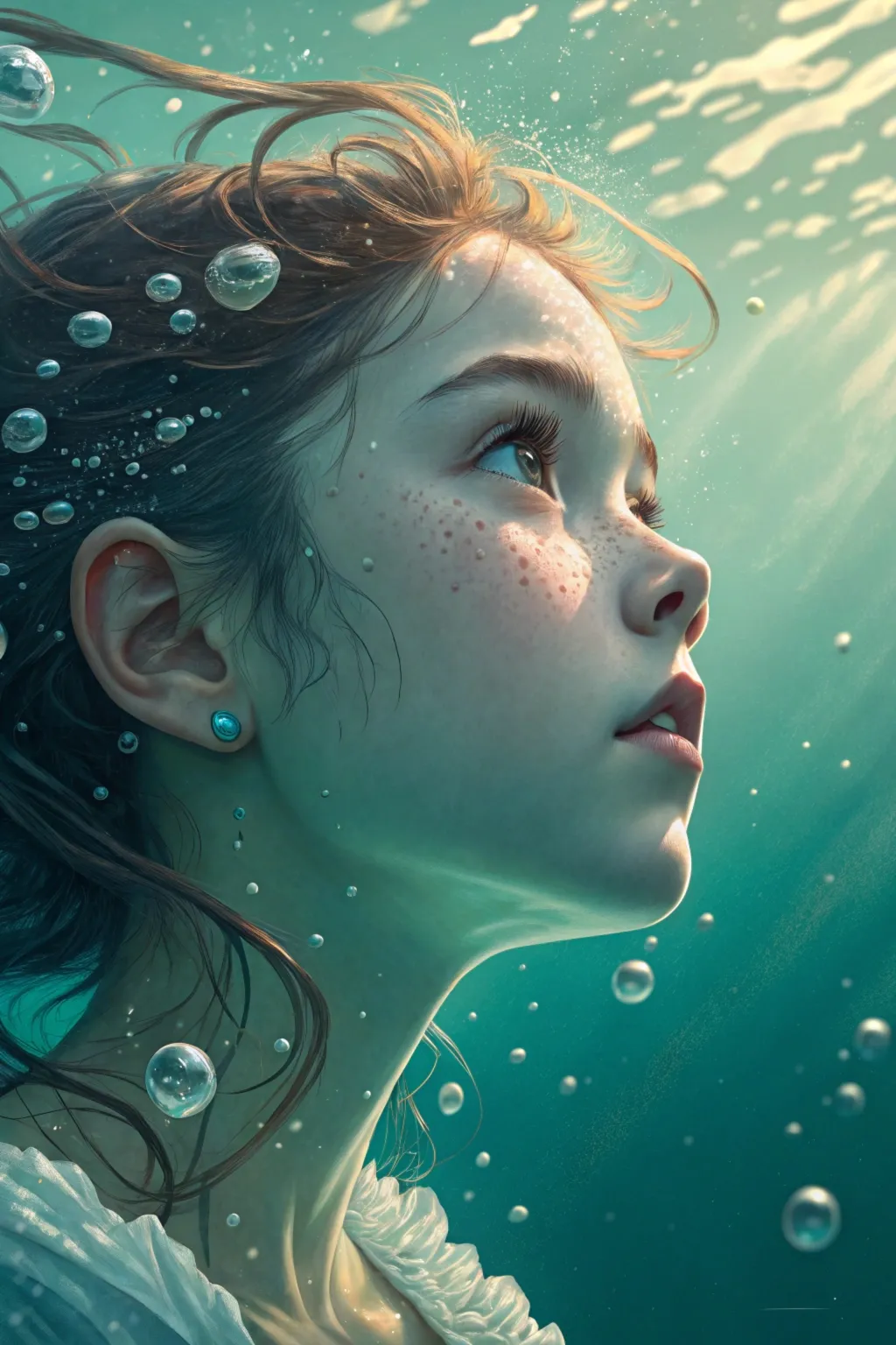 girl swims underwater, katsuhiro otomo's style, hyper detailed render