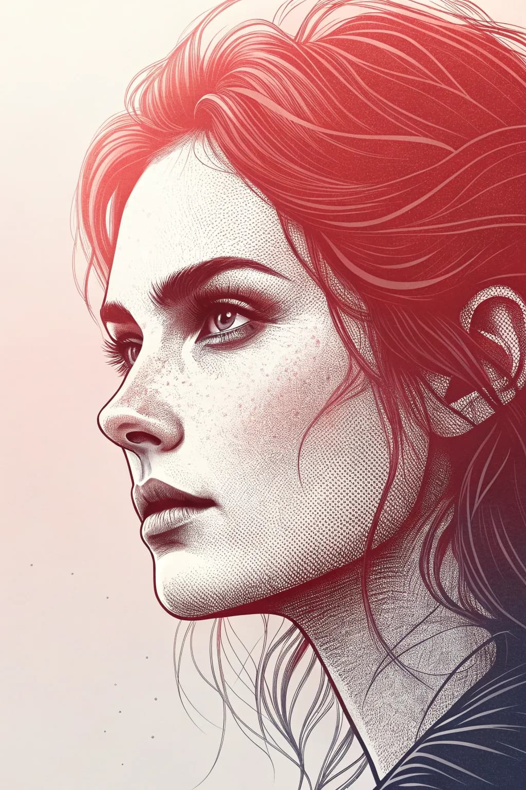 Zhu Shan Jin photography, illustration, grainy texture, feminine beauty, red, black and white main colors, close-up face, strong contrasting colors collision.