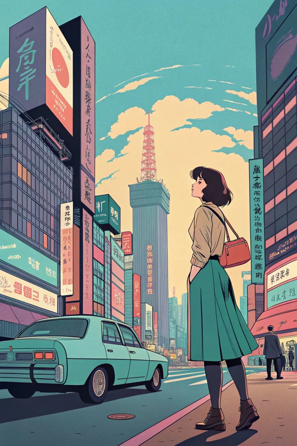 An anime poster of a woman standing in the city, 1990s anime style, citypop, Showa girl, retro style.