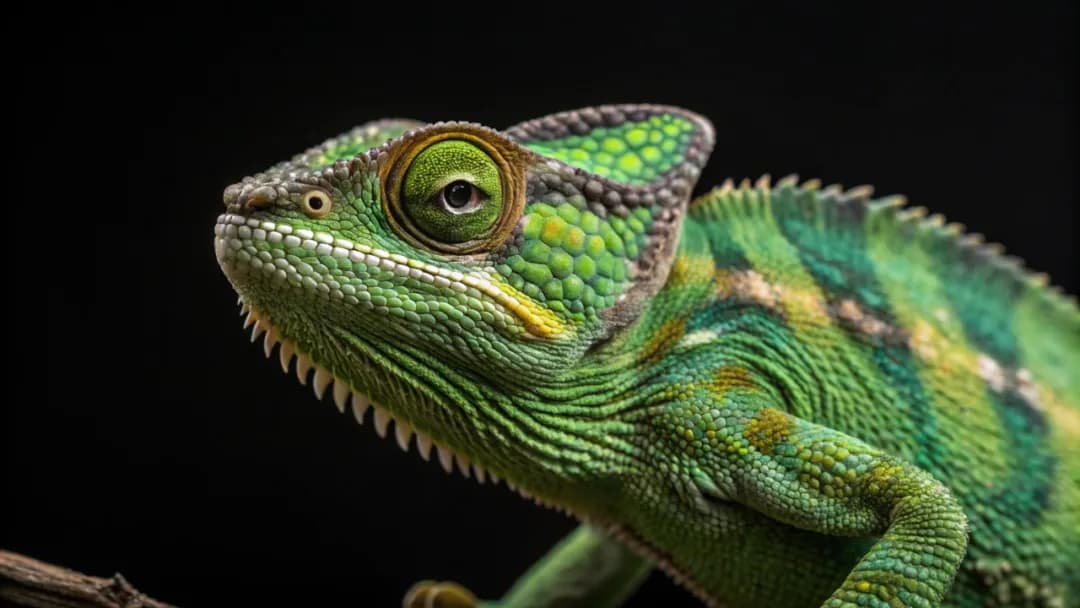 studio photograph closeup of a chameleon over a black background.