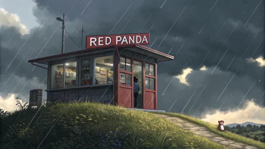 Anime style illustration of a newsstand on top of a small grassy hill, on top of the newsstand we see the text "Red Panda". In the background we see a big rain approaching.